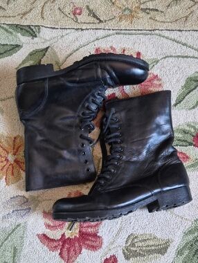 Black Genuine Leather Lace-Up Combat Boot Mid-calf Narrow With